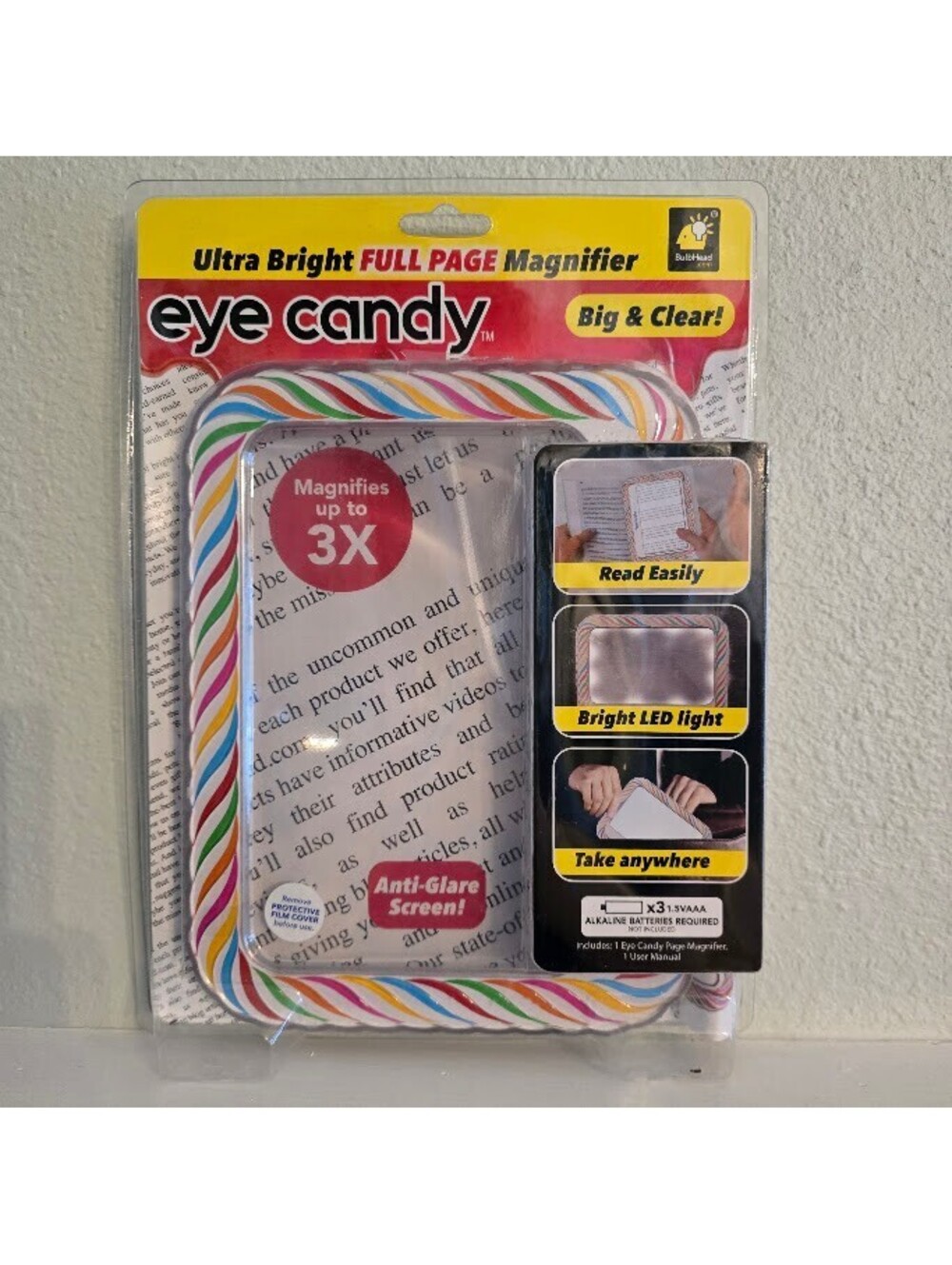 BulbHead Eye Candy 3X Full Page LED Magnifier Anti-Glare NEW
